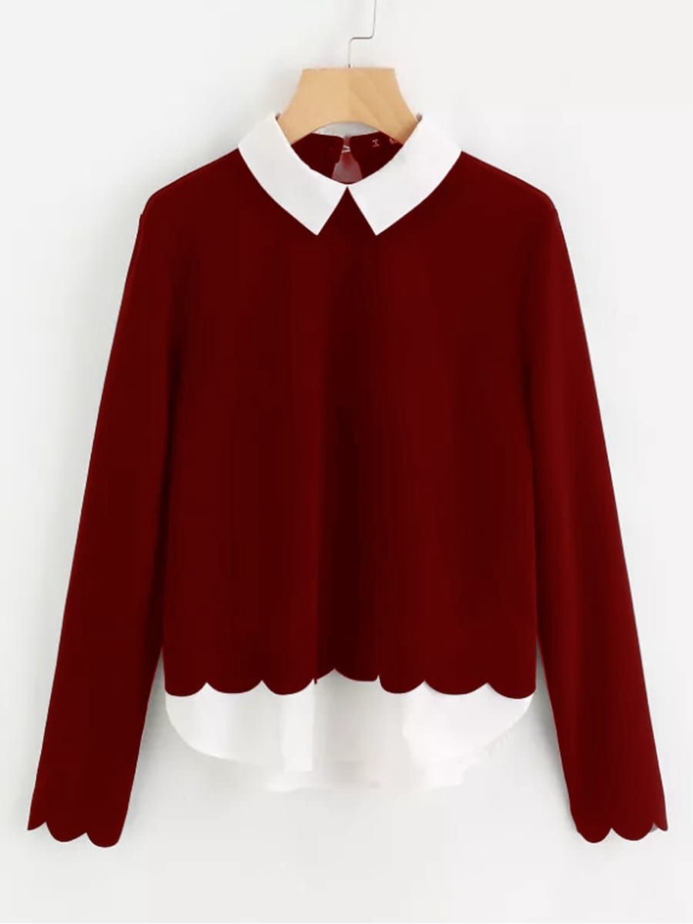 Burgundy Long Sleeve Top with White Collar & Scalloped Hem